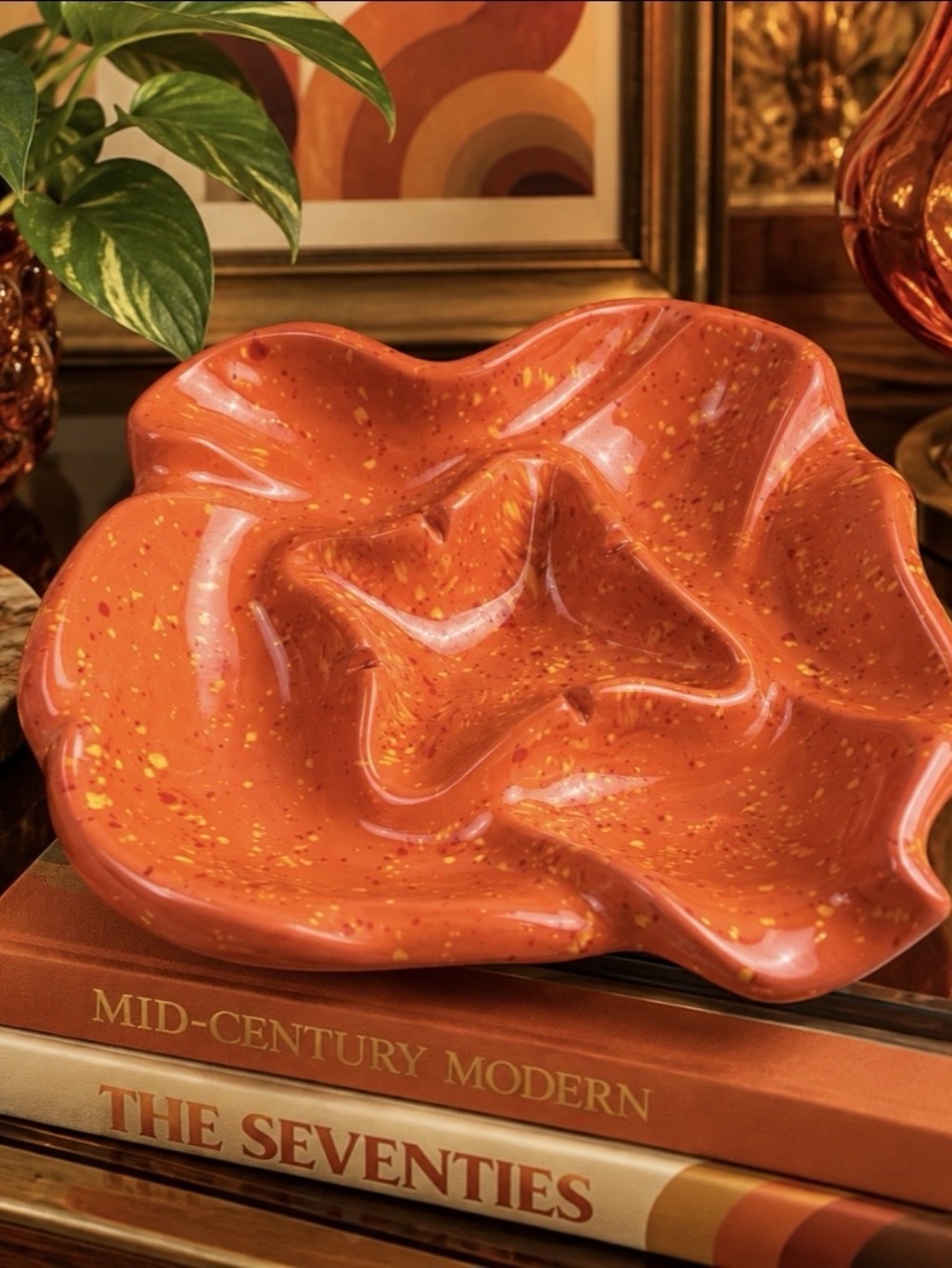 Retro MCM Tangerine Speckled Ceramic Ashtray Catchall Large 11 Inch